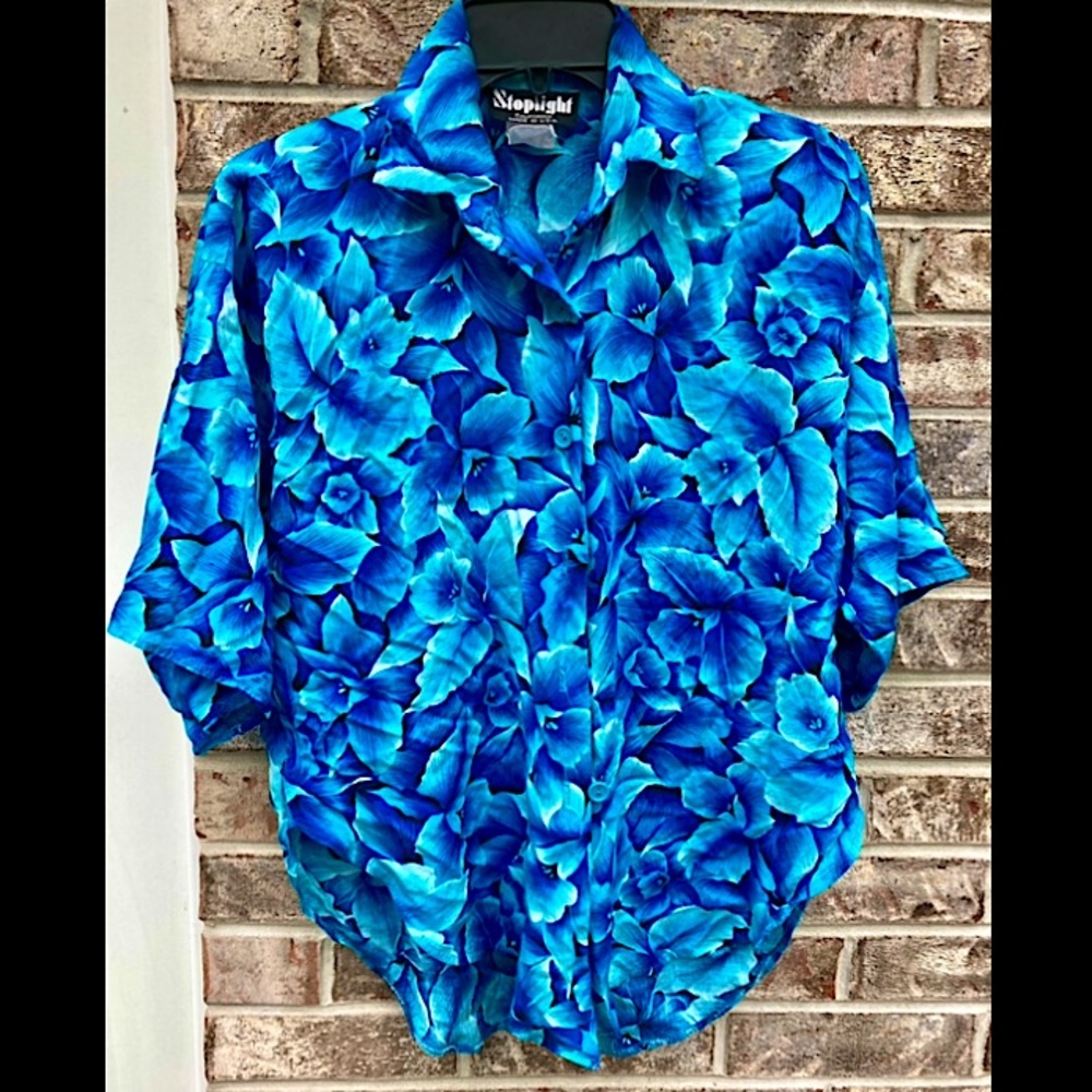 Vintage 80s Bright Blue Floral Hawaiian Shirt